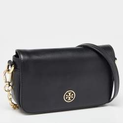 Pre Owned Tory Burch Black Leather Robinson Flap Crossbody Bag