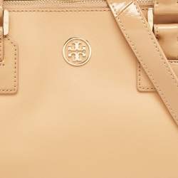 Pre Owned Tory Burch Beige Saffiano Patent and Leather Robinson Double Zip Tote