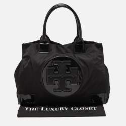 Pre Owned Tory Burch Black Patent Leather and Nylon Large Ella Tote
