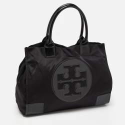 Pre Owned Tory Burch Black Patent Leather and Nylon Large Ella Tote