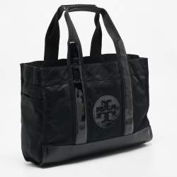 Pre Owned Tory Burch Black Patent Leather and Nylon Large Ella Tote
