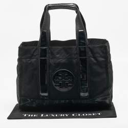 Pre Owned Tory Burch Black Patent Leather and Nylon Large Ella Tote