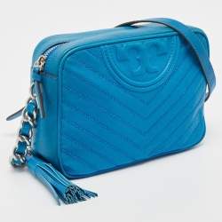 Pre Owned Tory Burch Blue Chevron Leather Fleming Camera Bag