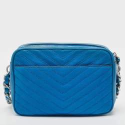Pre Owned Tory Burch Blue Chevron Leather Fleming Camera Bag