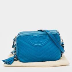 Pre Owned Tory Burch Blue Chevron Leather Fleming Camera Bag