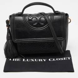 Pre Owned Tory Burch Black Quilted Leather Flap Top Handle Bag