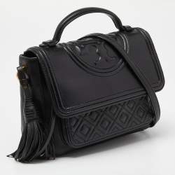 Pre Owned Tory Burch Black Quilted Leather Flap Top Handle Bag