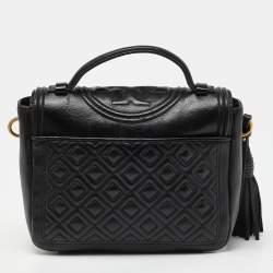 Pre Owned Tory Burch Black Quilted Leather Flap Top Handle Bag