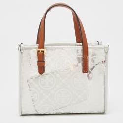 Pre Owned Tory Burch White/Tan Signature PVC and Leather Tote