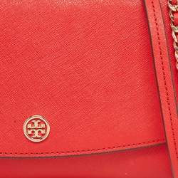 Pre Owned Tory Burch Red Saffiano Leather Robinson Wallet on Chain