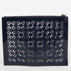 Pre Owned Tory Burch Blue Laser Cut Patent Leather Wristlet Pouch