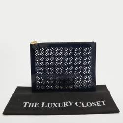 Pre Owned Tory Burch Blue Laser Cut Patent Leather Wristlet Pouch