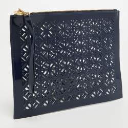 Pre Owned Tory Burch Blue Laser Cut Patent Leather Wristlet Pouch