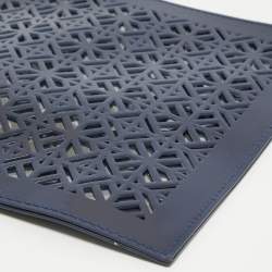 Pre Owned Tory Burch Blue Laser Cut Patent Leather Wristlet Pouch