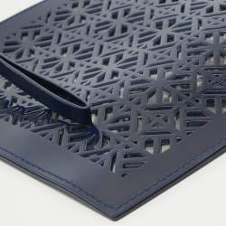 Pre Owned Tory Burch Blue Laser Cut Patent Leather Wristlet Pouch