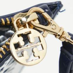 Pre Owned Tory Burch Blue Laser Cut Patent Leather Wristlet Pouch