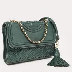 Pre Owned Tory Burch Green Leather Small Fleming Shoulder Bag