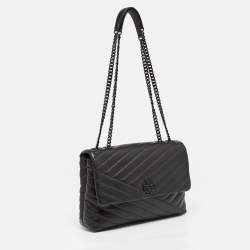 Pre Owned Tory Burch Black Chevron Leather Kira Convertible Shoulder Bag