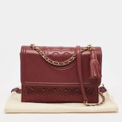 Pre Owned Tory Burch Burgundy Quilted Leather Large Fleming Shoulder Bag