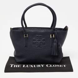 Pre Owned Tory Burch Blue Leather Top Zip Tassel Tote