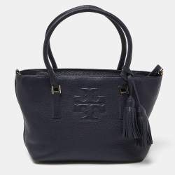 Pre Owned Tory Burch Blue Leather Top Zip Tassel Tote