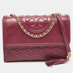 Pre Owned Tory Burch Burgundy Leather Fleming Crossbody Bag