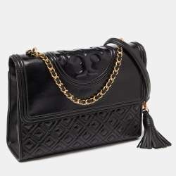 Pre Owned Tory Burch Black Quilted Leather Fleming Shoulder Bag
