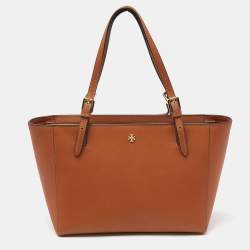Pre Owned Tory Burch Brown Saffiano Leather Medium York Buckle Tote