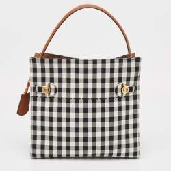 Tory Burch Black/White Checkered Canvas Lee Radziwill Top Handle Bag