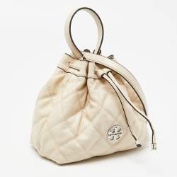 Pre Owned Tory Burch Cream Quilted Leather Willa Drawstring Bucket Bag