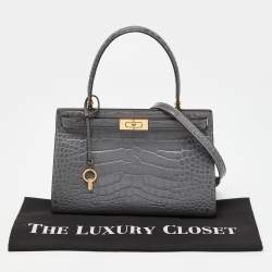 Pre Owned Tory Burch Grey Croc Embossed Leather Small Lee Radziwill Top Handle Bag
