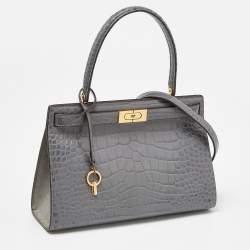 Pre Owned Tory Burch Grey Croc Embossed Leather Small Lee Radziwill Top Handle Bag