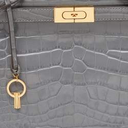 Pre Owned Tory Burch Grey Croc Embossed Leather Small Lee Radziwill Top Handle Bag