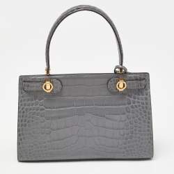 Pre Owned Tory Burch Grey Croc Embossed Leather Small Lee Radziwill Top Handle Bag