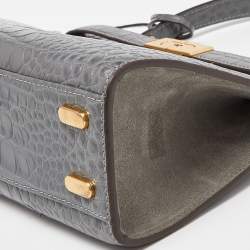 Pre Owned Tory Burch Grey Croc Embossed Leather Small Lee Radziwill Top Handle Bag