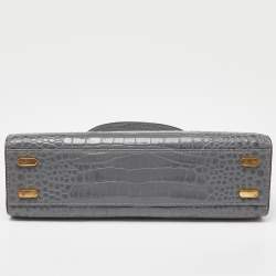Pre Owned Tory Burch Grey Croc Embossed Leather Small Lee Radziwill Top Handle Bag