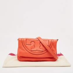 Pre Owned Tory Burch Orange Leather Fold Over Shoulder Bag