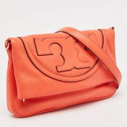 Pre Owned Tory Burch Orange Leather Fold Over Shoulder Bag