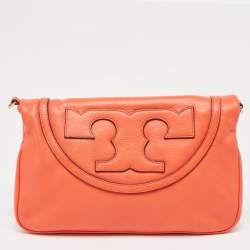 Pre Owned Tory Burch Orange Leather Fold Over Shoulder Bag