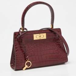 Pre Owned Tory Burch Red Croc Embossed Leather Petite Lee Radziwill Top Handle Bag