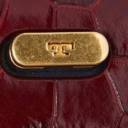 Pre Owned Tory Burch Red Croc Embossed Leather Petite Lee Radziwill Top Handle Bag