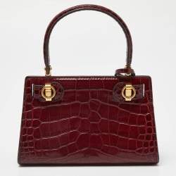Pre Owned Tory Burch Red Croc Embossed Leather Petite Lee Radziwill Top Handle Bag