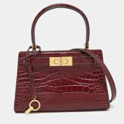Pre Owned Tory Burch Red Croc Embossed Leather Petite Lee Radziwill Top Handle Bag