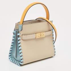 Pre Owned Tory Burch Tricolor Whipstitch Leather Lee Radziwill Double Top Handle Bag