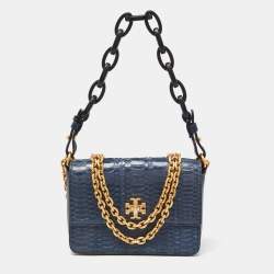 Pre Owned Tory Burch Blue Snakeskin and Lather Kira Envelope Flap Shoulder Bag