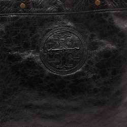 Pre Owned Tory Burch Black Crinkled Patent Leather Embossed Tote