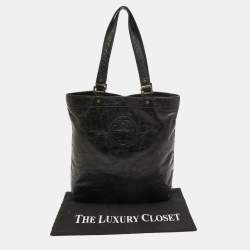 Pre Owned Tory Burch Black Crinkled Patent Leather Embossed Tote