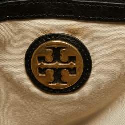 Pre Owned Tory Burch Black Crinkled Patent Leather Embossed Tote