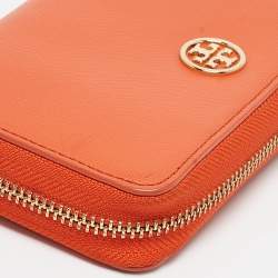 Tory Burch Orange Leather Robinson Zip Around Wristlet Wallet