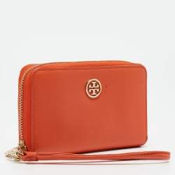 Tory Burch Orange Leather Robinson Zip Around Wristlet Wallet